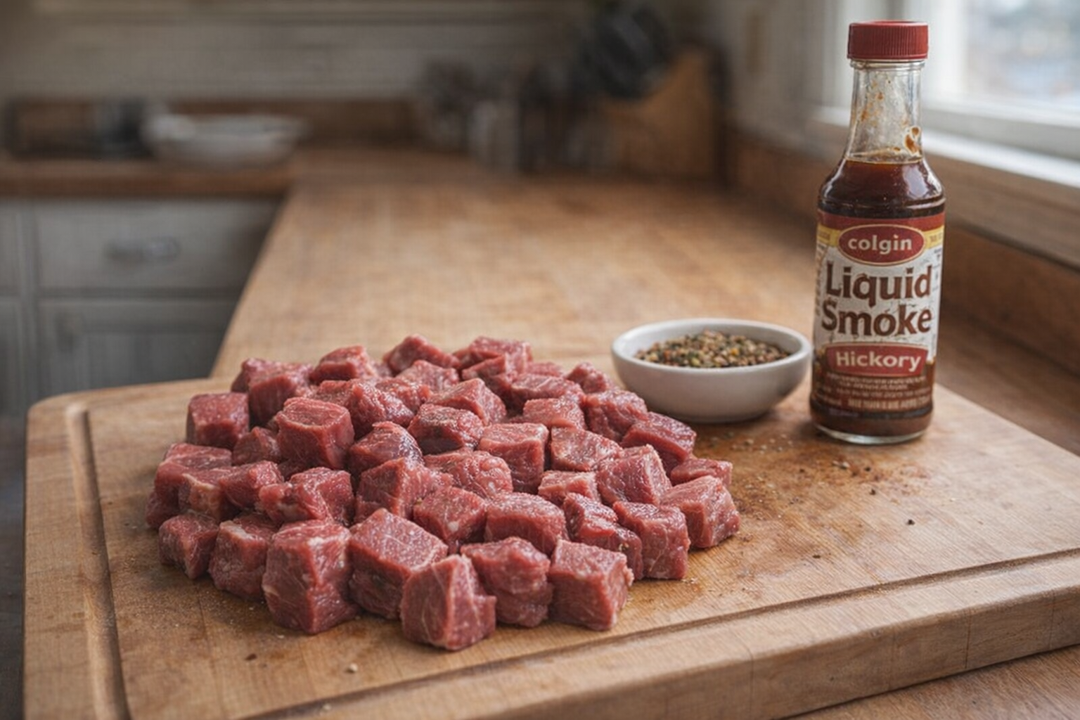 A medium shot of raw steak cut into bite-sized cubes on a wooden cutting board, next to a small bowl of spice mix and a bottle of liquid smoke. The lighting is natural daylight